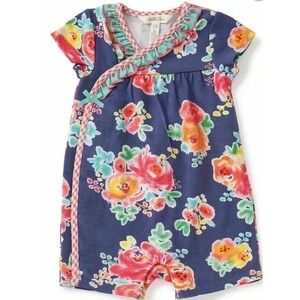 Matilda Jane Girls Blue Floral Ruffle Collar Romper Shortalls 18m